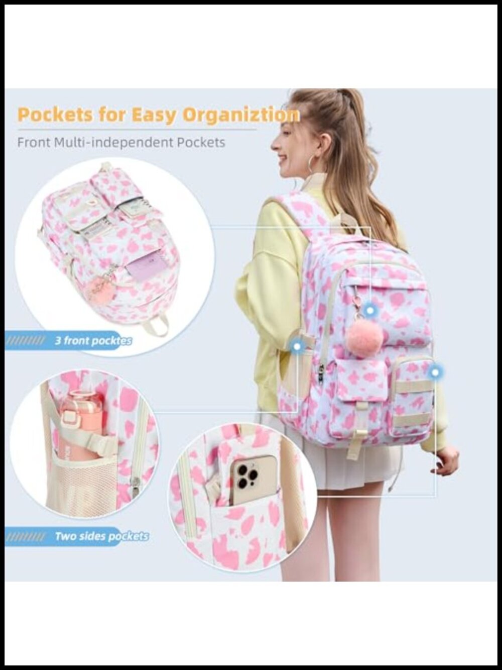 3-in-1 Girls School Backpack Set with Lunch Box Pencil Case, Waterproof Nylon, - Picture 2 of 6